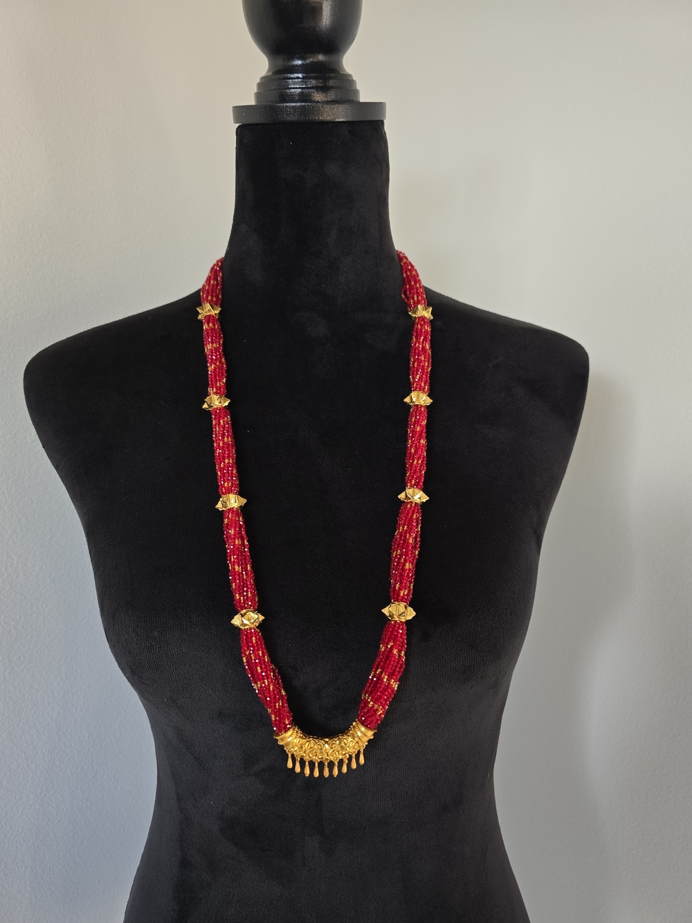 Red Beaded Gold Accent Long Necklace - Women Jewelry